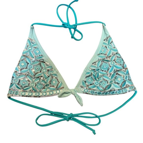 Y2K Victoria’s Secret Size S Triangle Tie Bikini Swimsuit Top Aqua Bling Sequin - Picture 1 of 6